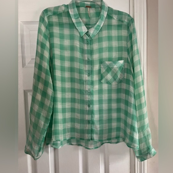 Free People Tops - NWOT, Free People Green & White Blouse, Size Large